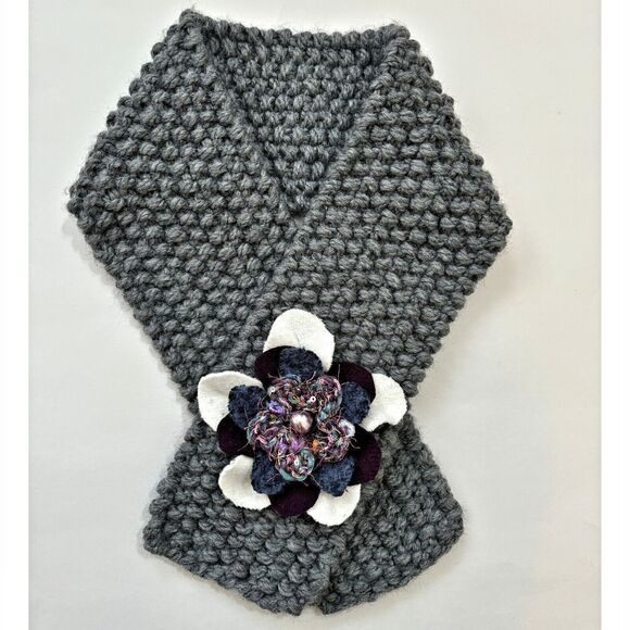 Artesian Embellished Knit Scarf Muffler Handmade Gray Purple Textured Designer - Picture 3 of 6